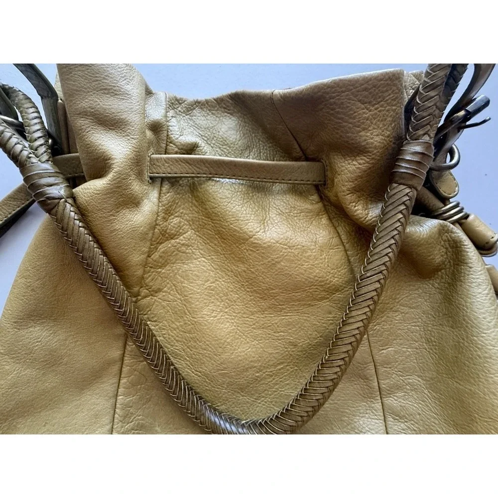 Elliott Lucca Olive Pebbled Soft Leather Hobo Shoulder Bag Woven Handle Boho